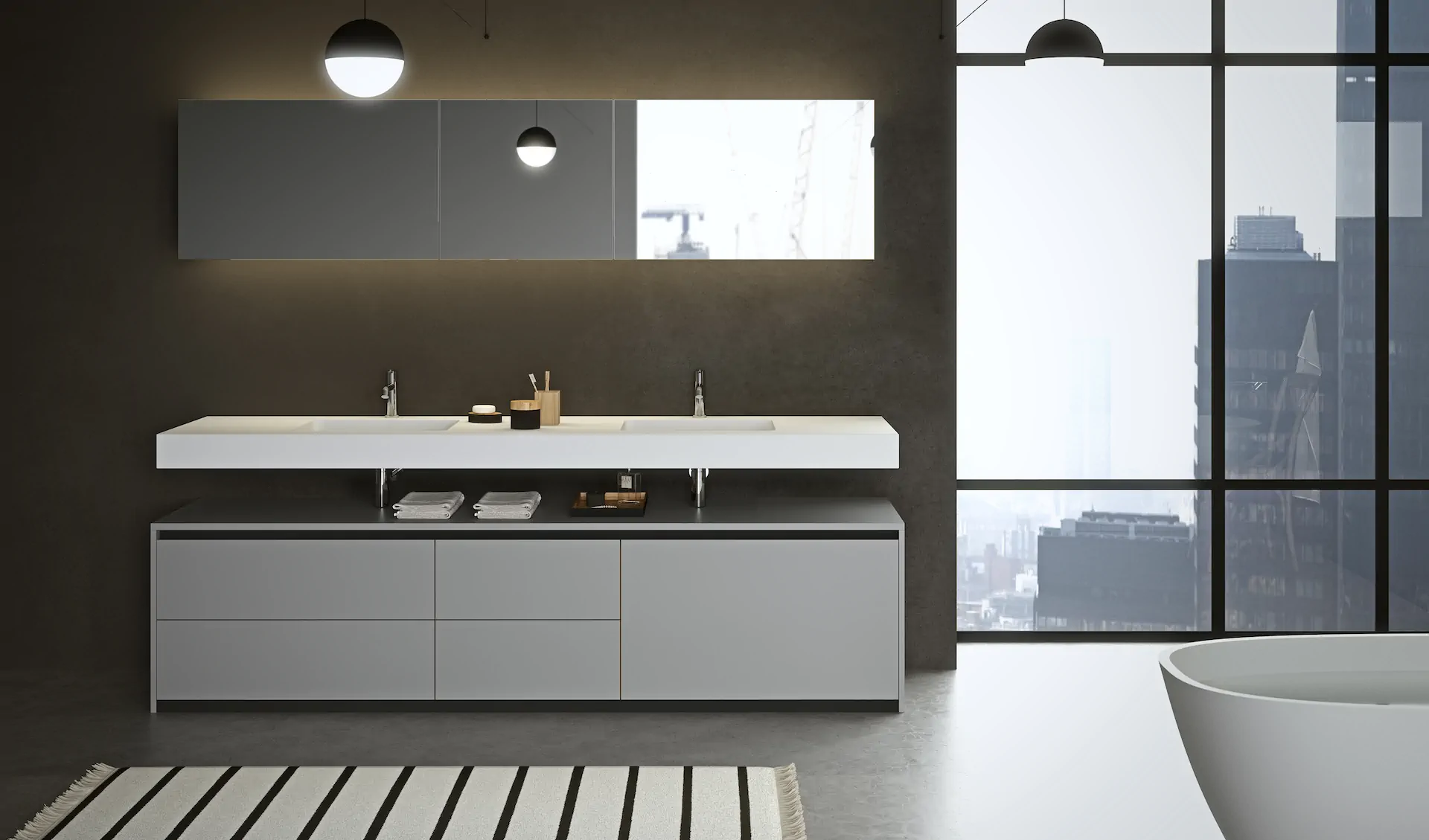 ARAN bathroom vanity with storage, mirror, surfaces, and refined Italian finishes