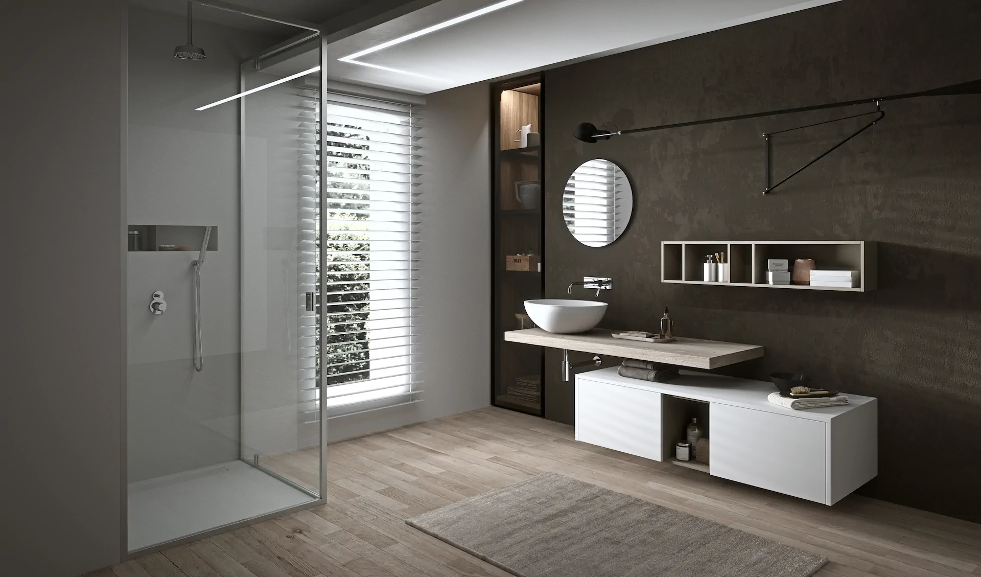 ARAN bathroom composition with vanity mirror lighting bathtub and coordinated wall surfaces