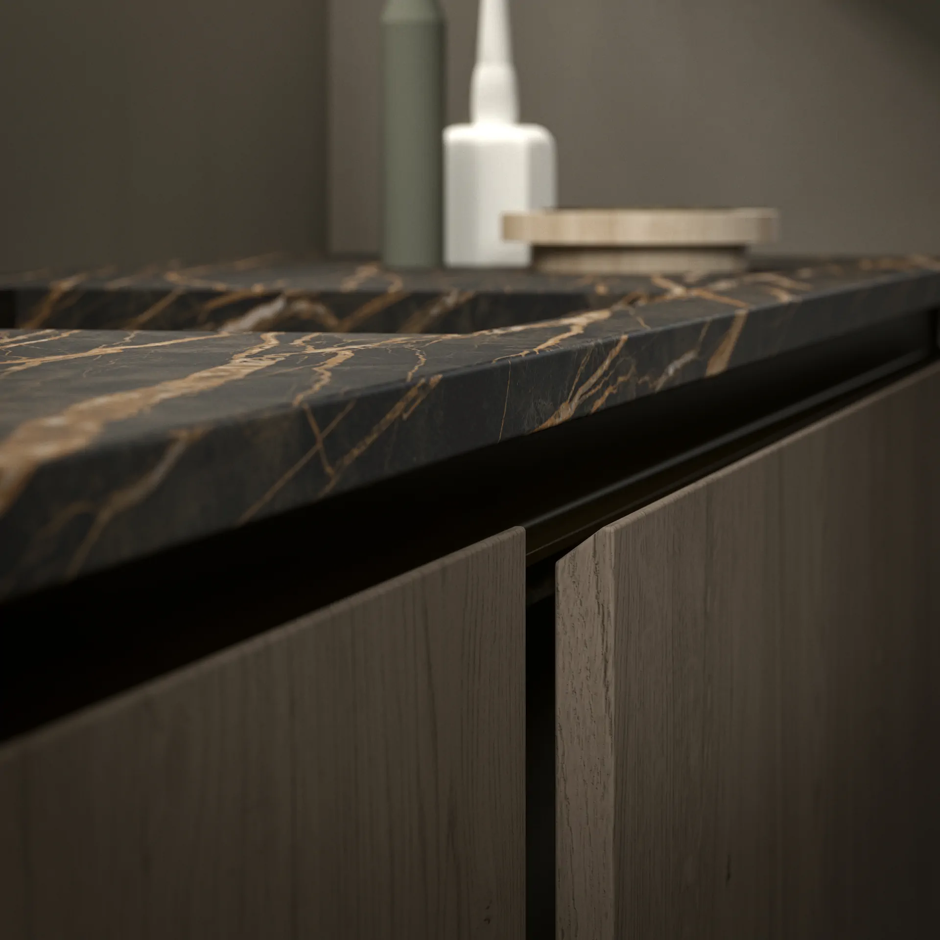 ARAN bathroom cabinetry with coordinated vanity surfaces mirror and lighting