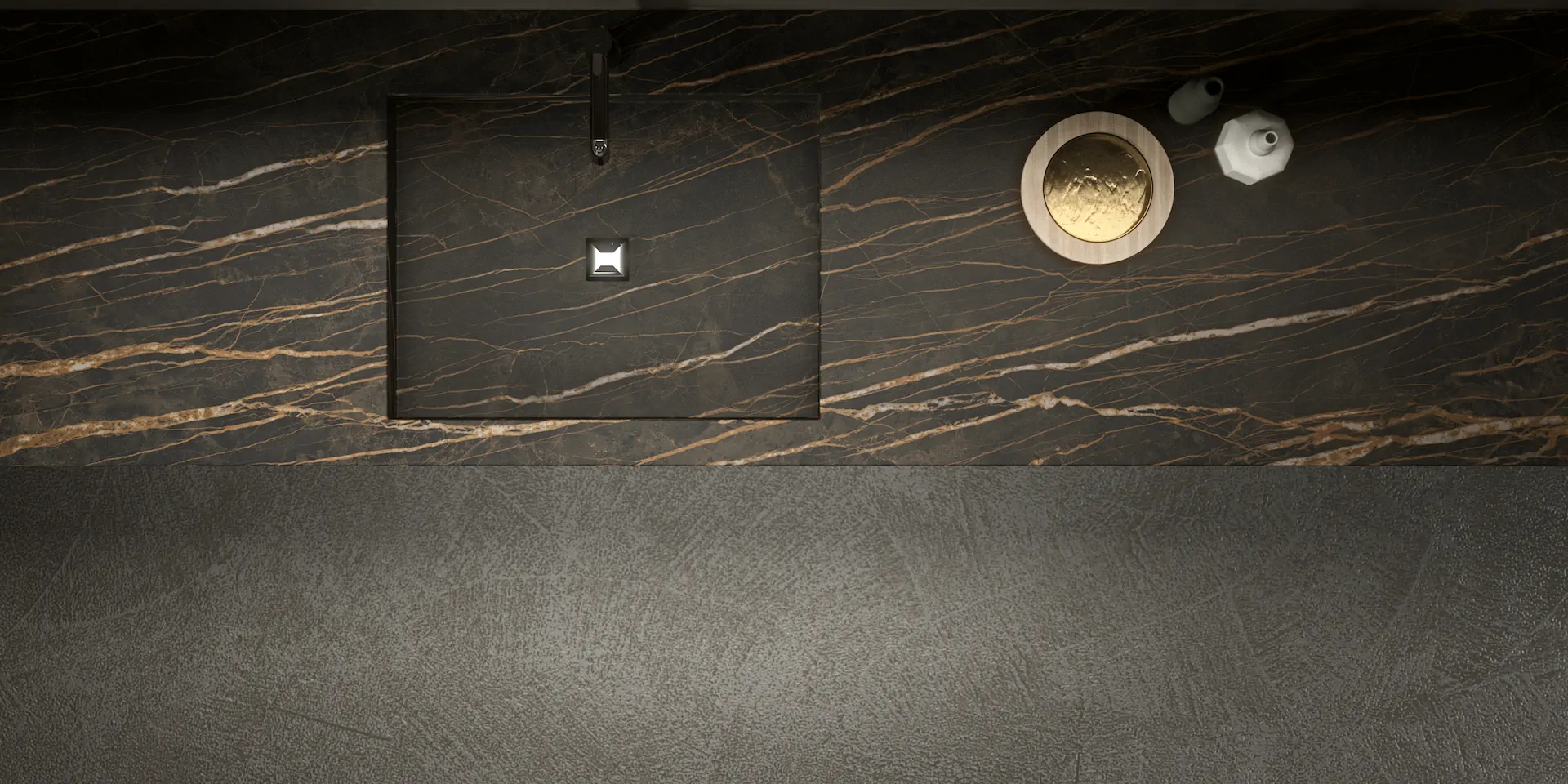 ARAN bathroom counter detail showing surface thickness edge line and vanity material