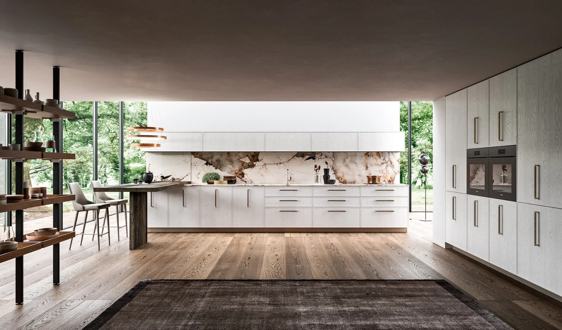 ARAN Italian kitchen with island, tall cabinetry, open shelving, and integrated appliances