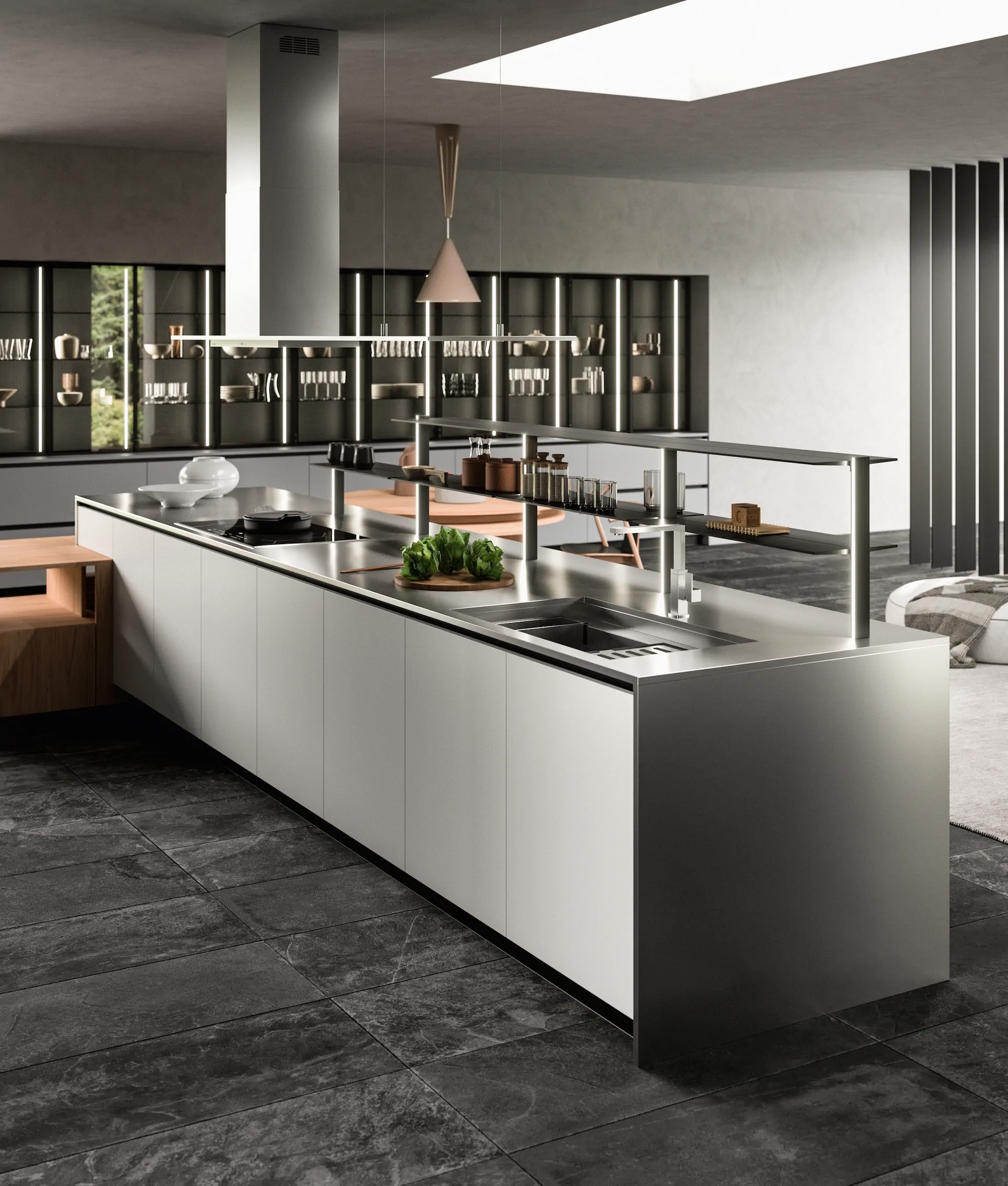 ARAN kitchen island with cabinet fronts, worktop, storage, and open-plan room context