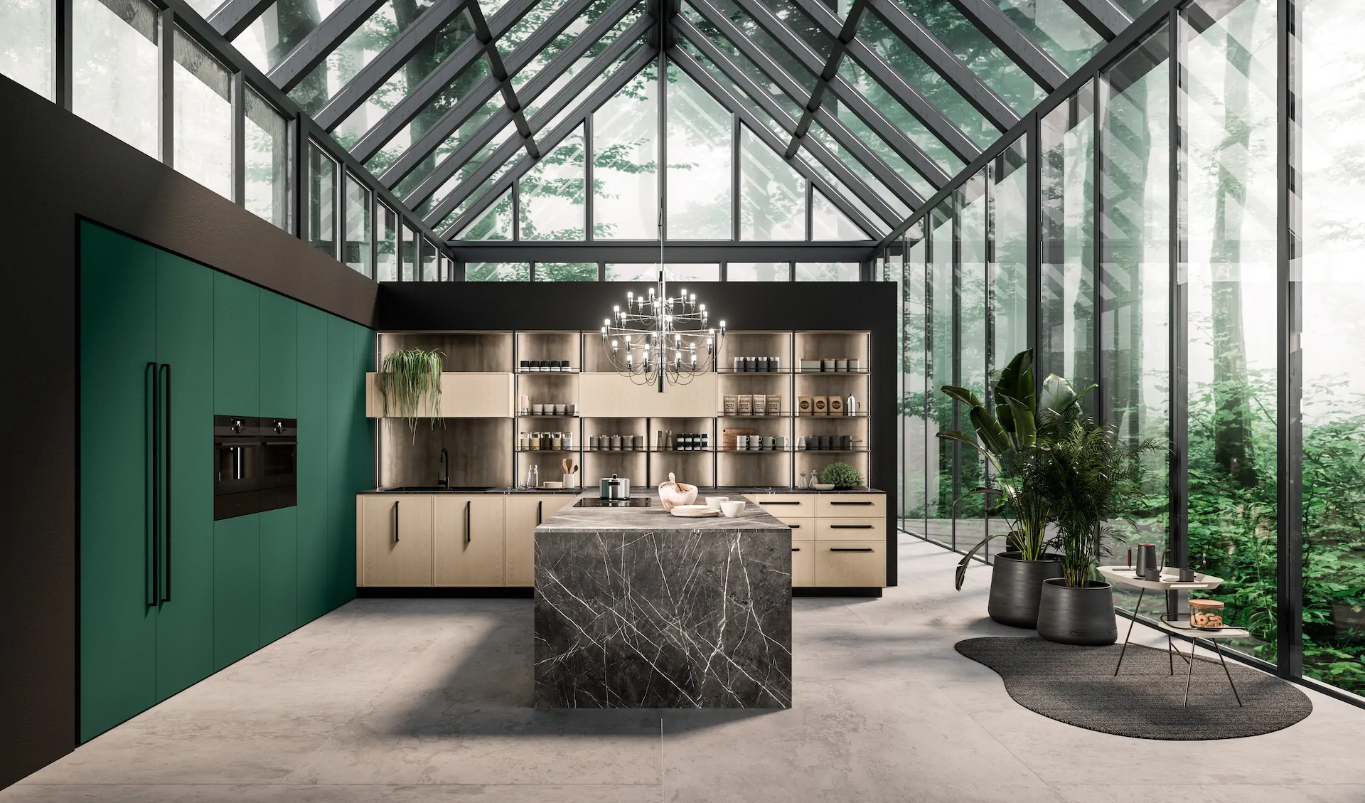 ARAN Italian kitchen system with island planning, storage, and material finishes