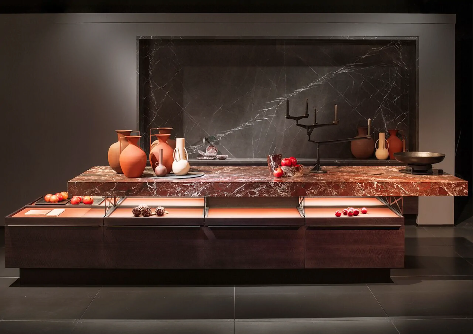 Poggenpohl +MODO kitchen island with floating worktop and open shelving