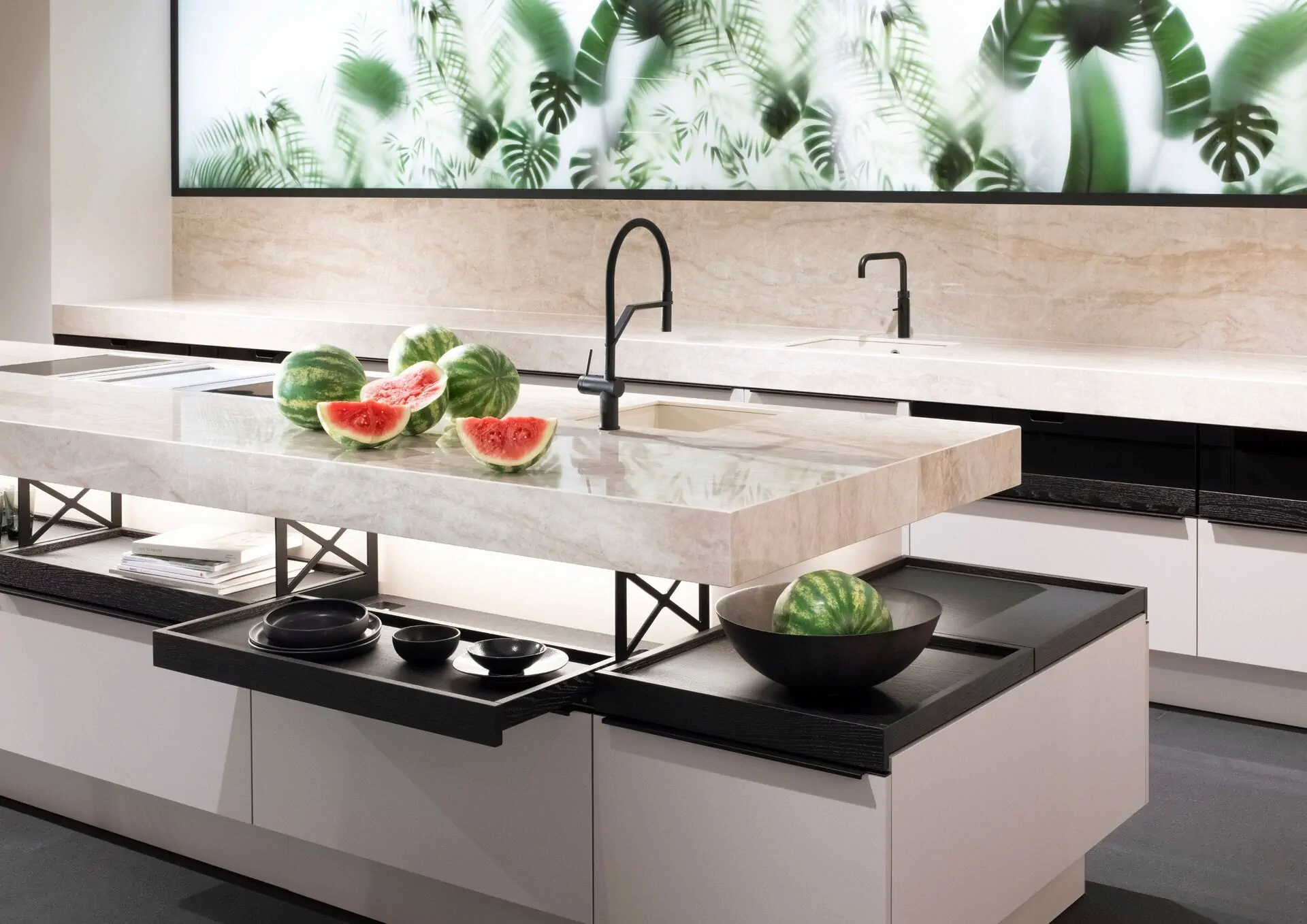 Poggenpohl +MODO kitchen with floating worktop, offset cabinetry, and open shelving